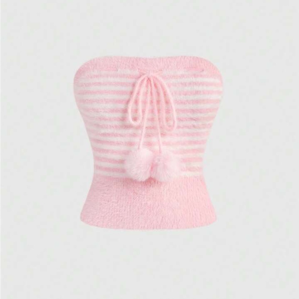 ROMWE Pink Striped Fuzzy Pom Pom Strapless Crop Top